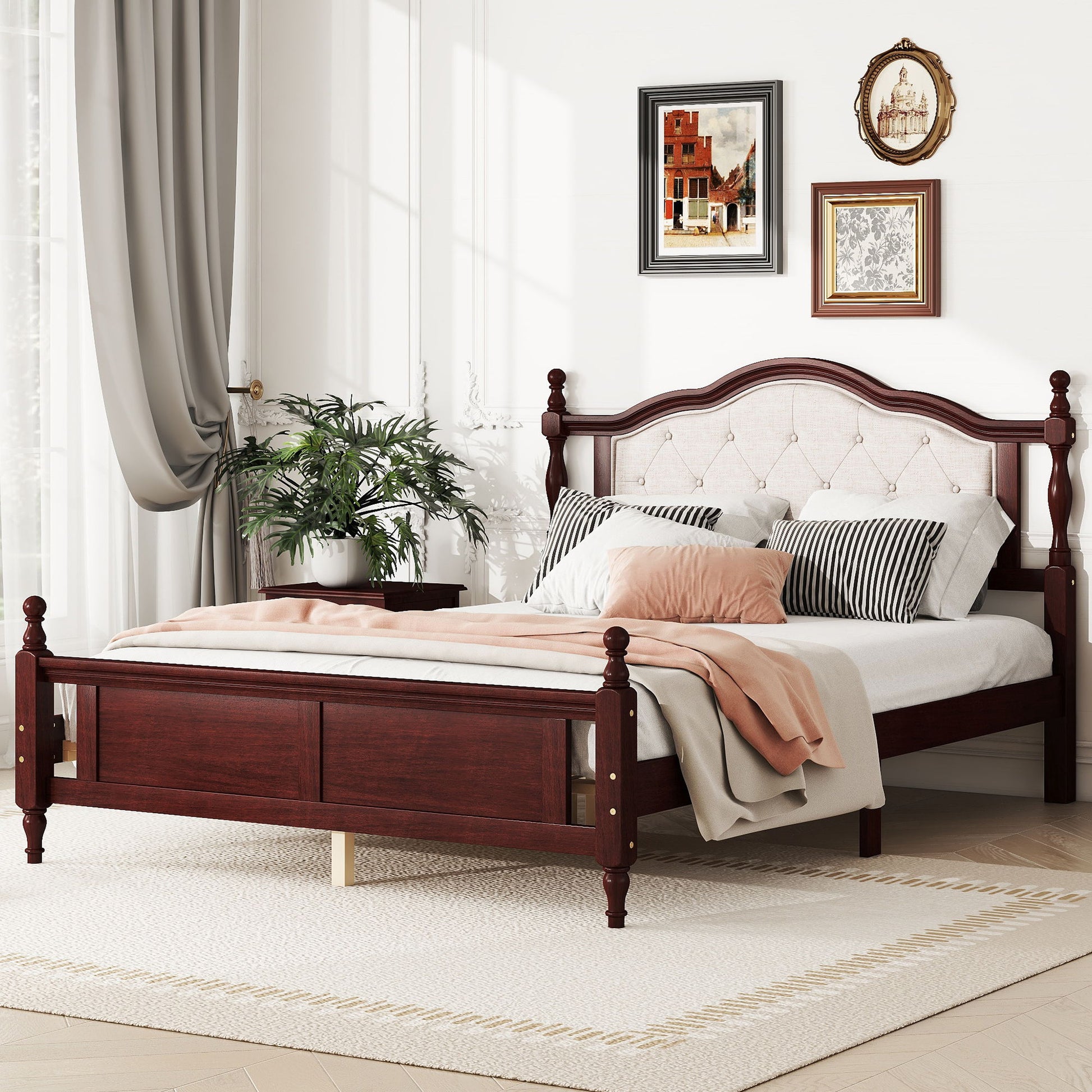 Pine Wooden Bed With Upholstered Headboard And Panel Footboard, With Two Bed Rail Support Feet And Central Platform Support Feet - The Sleep Loft - Online Mattress Showroom NYC