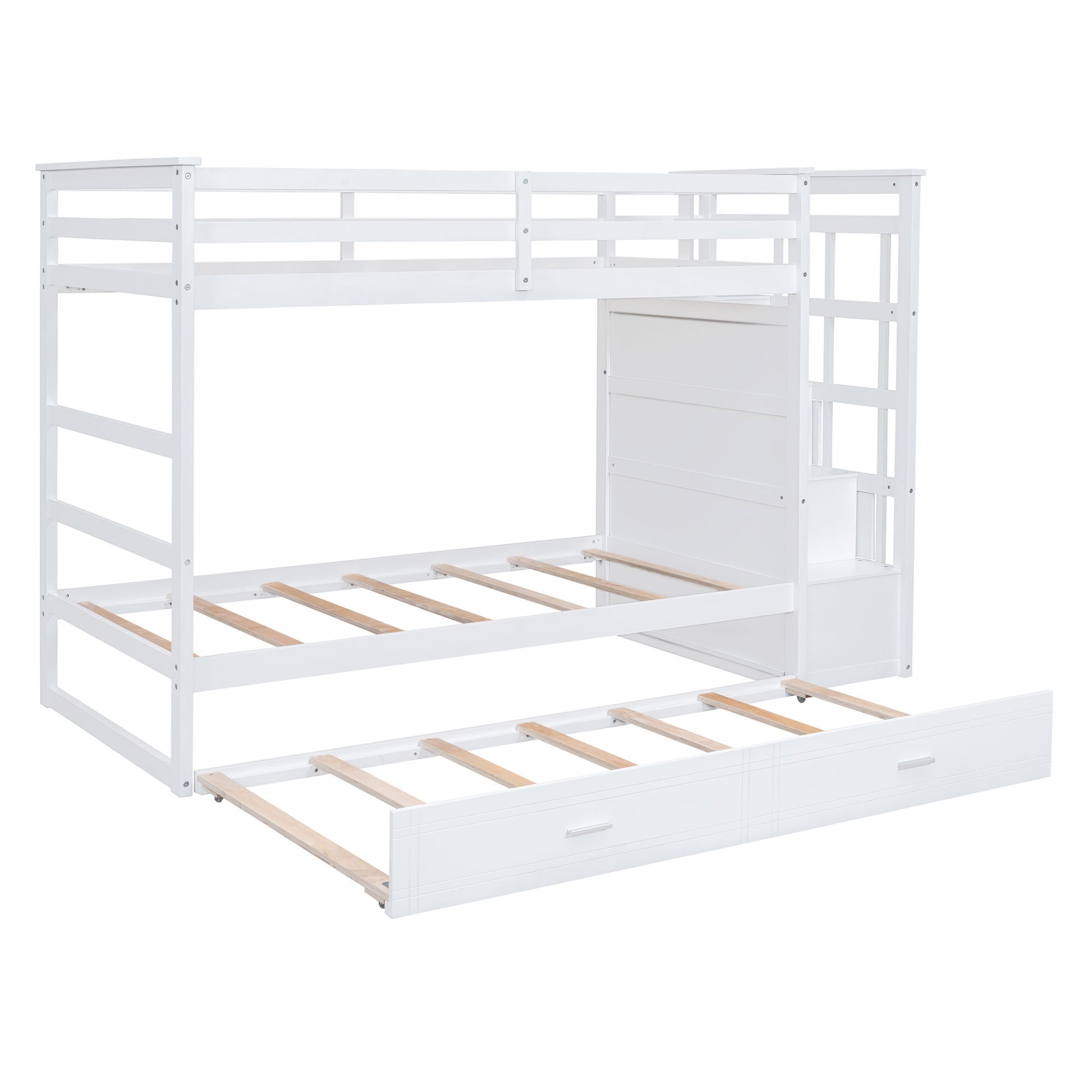 Twin Over Twin Bunk Bed With Trundle And Staircase - White - The Sleep Loft - Online Mattress Showroom NYC