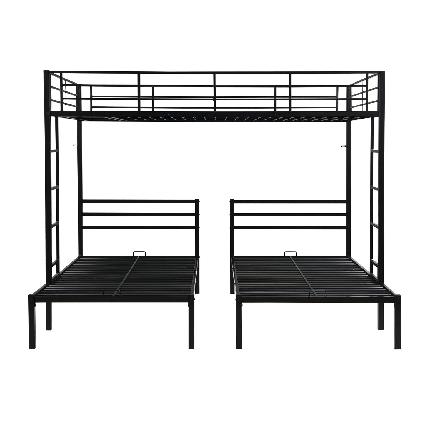Modern Metal Triple Bunk Bed With Vertical Ladder, Safety Rail, And Storage Shelf - Black - The Sleep Loft - Online Mattress Showroom NYC
