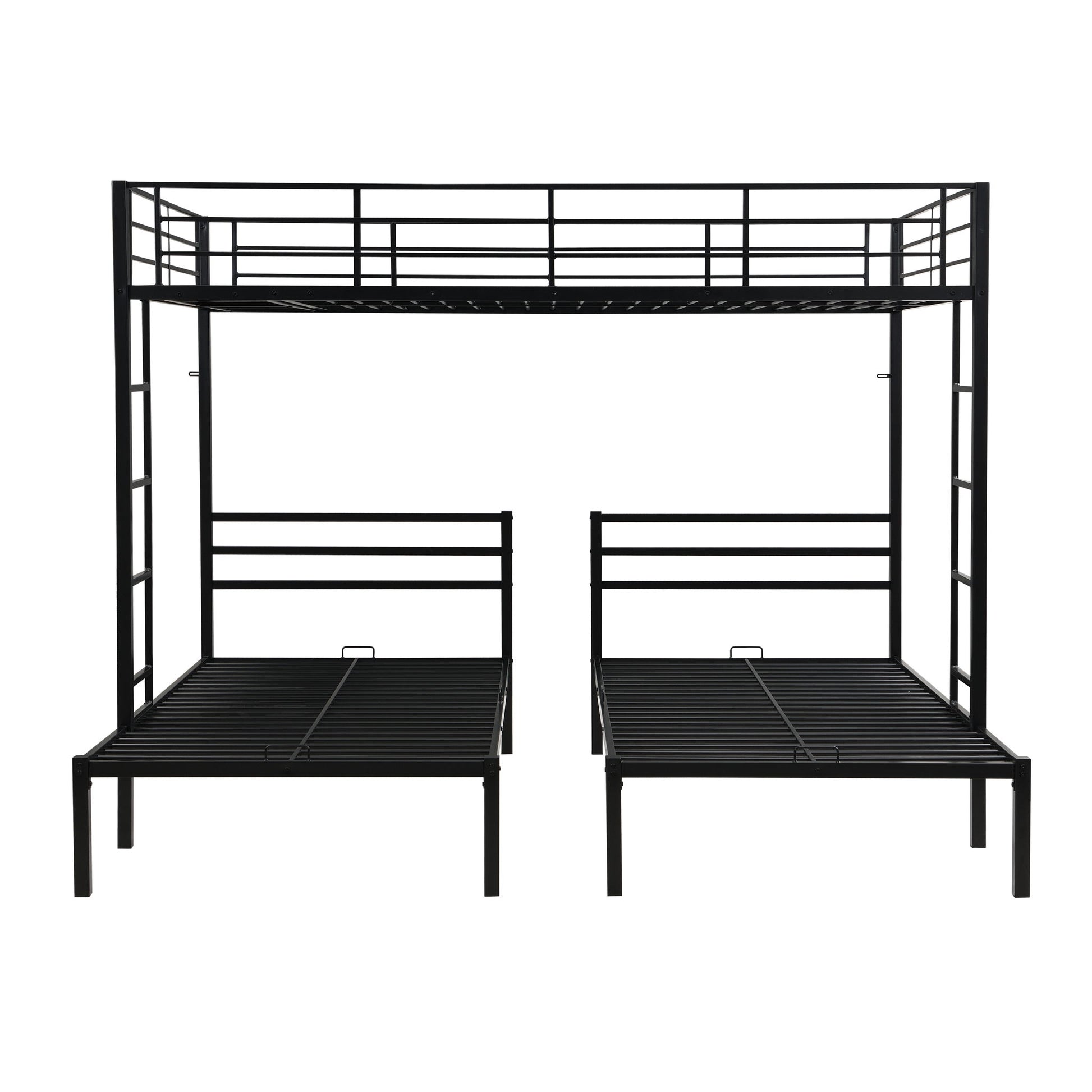 Modern Metal Triple Bunk Bed With Vertical Ladder, Safety Rail, And Storage Shelf - Black - The Sleep Loft - Online Mattress Showroom NYC