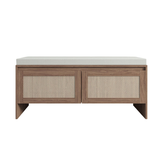 Storage Bench With Cushion, Shoe Cabinet With 2 Doors - Antique Natural / Rattan - The Sleep Loft - Online Mattress Showroom NYC