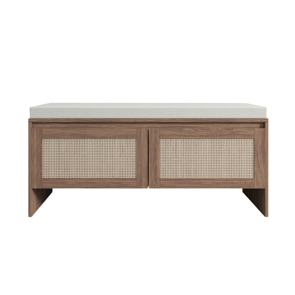 Storage Bench With Cushion, Shoe Cabinet With 2 Doors - Antique Natural / Rattan
