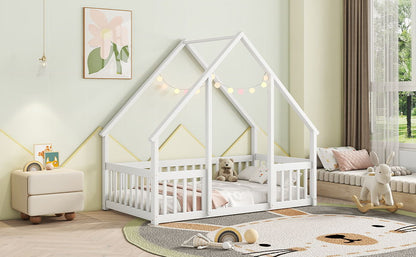 Wood House-Shaped Floor Bed With Fence, Guardrails - The Sleep Loft - Online Mattress Showroom NYC