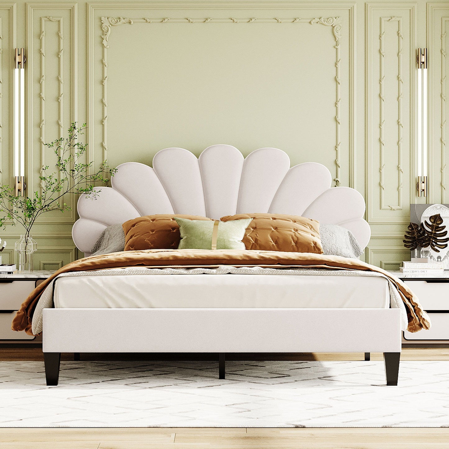 Upholstered Platform Bed With Flower Pattern Velvet Headboard - The Sleep Loft - Online Mattress Showroom NYC