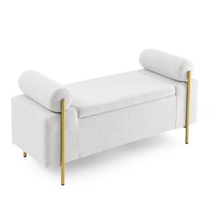 Elegant Upholstered Storage Bench With Cylindrical Arms And Iron Legs, - The Sleep Loft - Online Mattress Showroom NYC