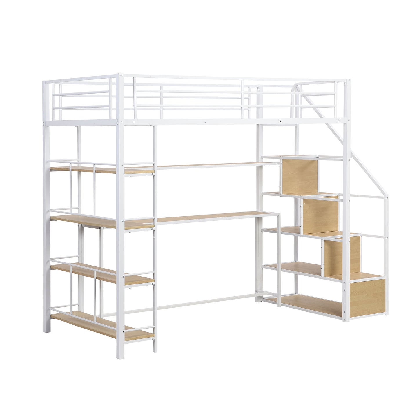 Twin Size Loft Bed With Built In Desk, Staircase Storage & 4 Tier Shelves - White - The Sleep Loft - Online Mattress Showroom NYC
