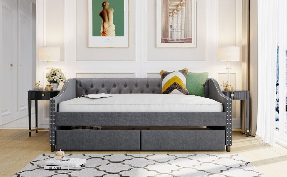 Upholstered Daybed With Two Drawers, Wood Slat Support - The Sleep Loft - Online Mattress Showroom NYC