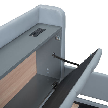 Upholstered Mother & Child Bed With Hydraulic Storage System, Drawer Box, Bedhead Storage Shelf And 2 Pairs Of Sockets & USB Ports - The Sleep Loft - Online Mattress Showroom NYC