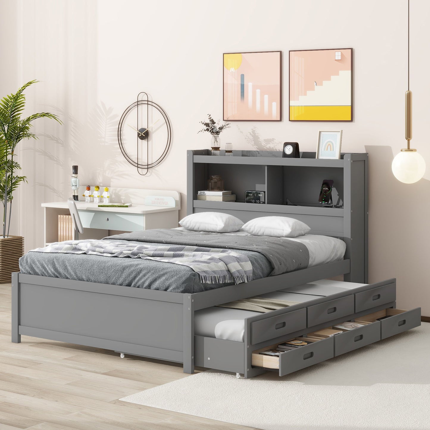 Full Size Platform Bed With Trundle, Drawers, USB Ports And Built In Shelves - Gray - The Sleep Loft - Online Mattress Showroom NYC