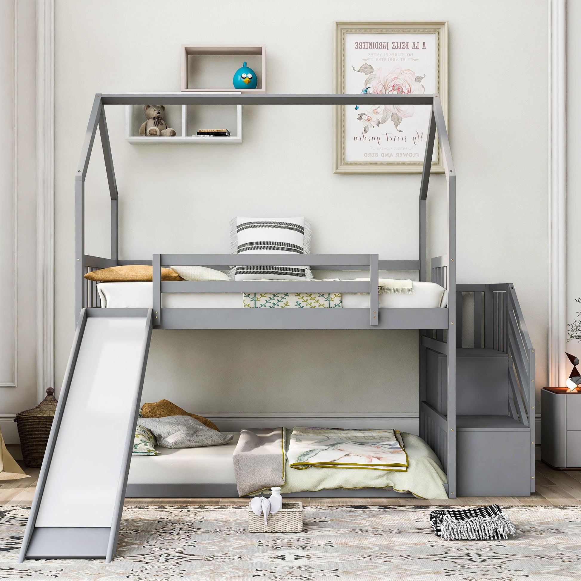 Twin Over Twin House Bunk Bed With Convertible Slide, Storage Staircase - The Sleep Loft - Online Mattress Showroom NYC