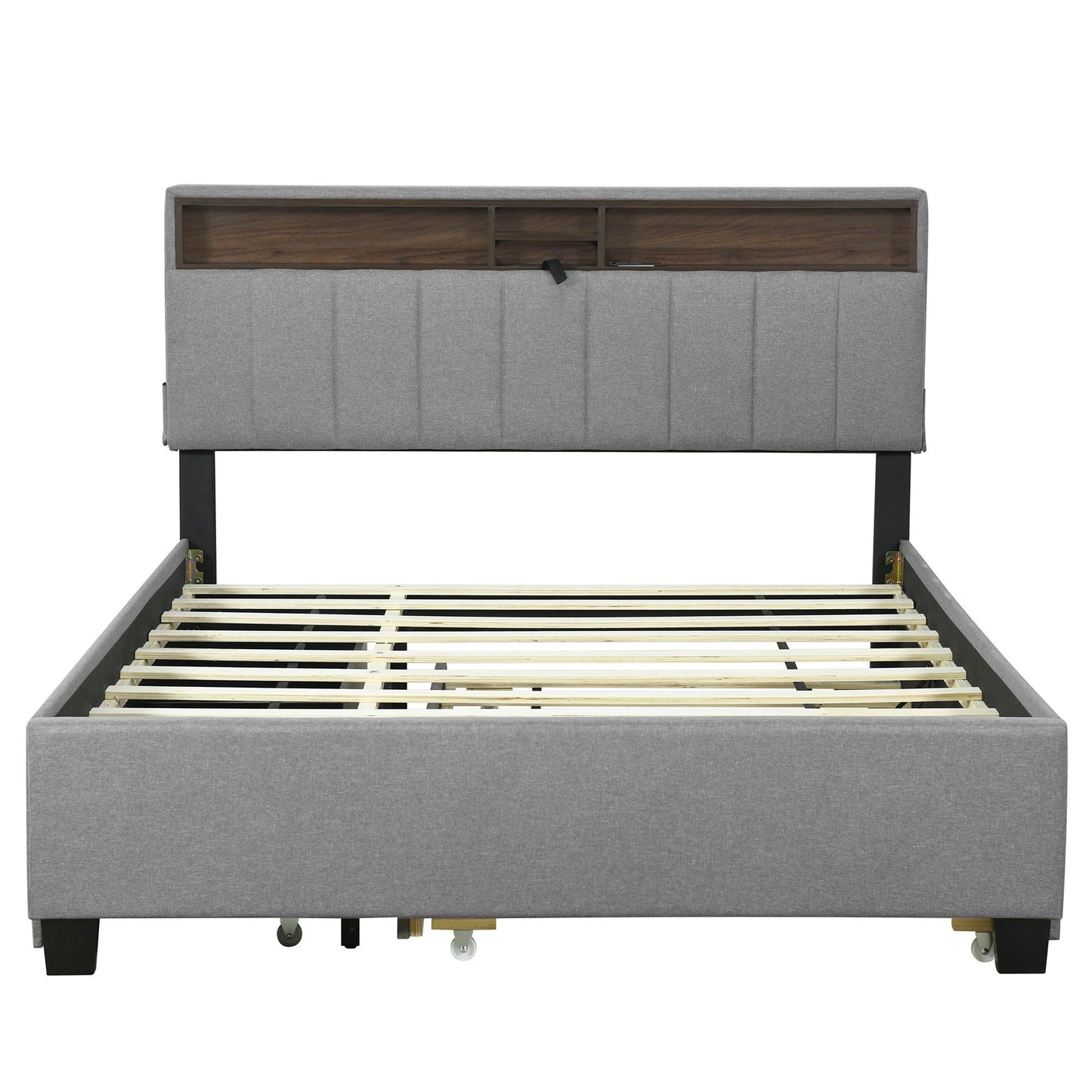 Upholstered Platform Bed With Storage Headboard, Trundle & 2 Drawers And A Set Of Sockets & USB Ports - The Sleep Loft - Online Mattress Showroom NYC