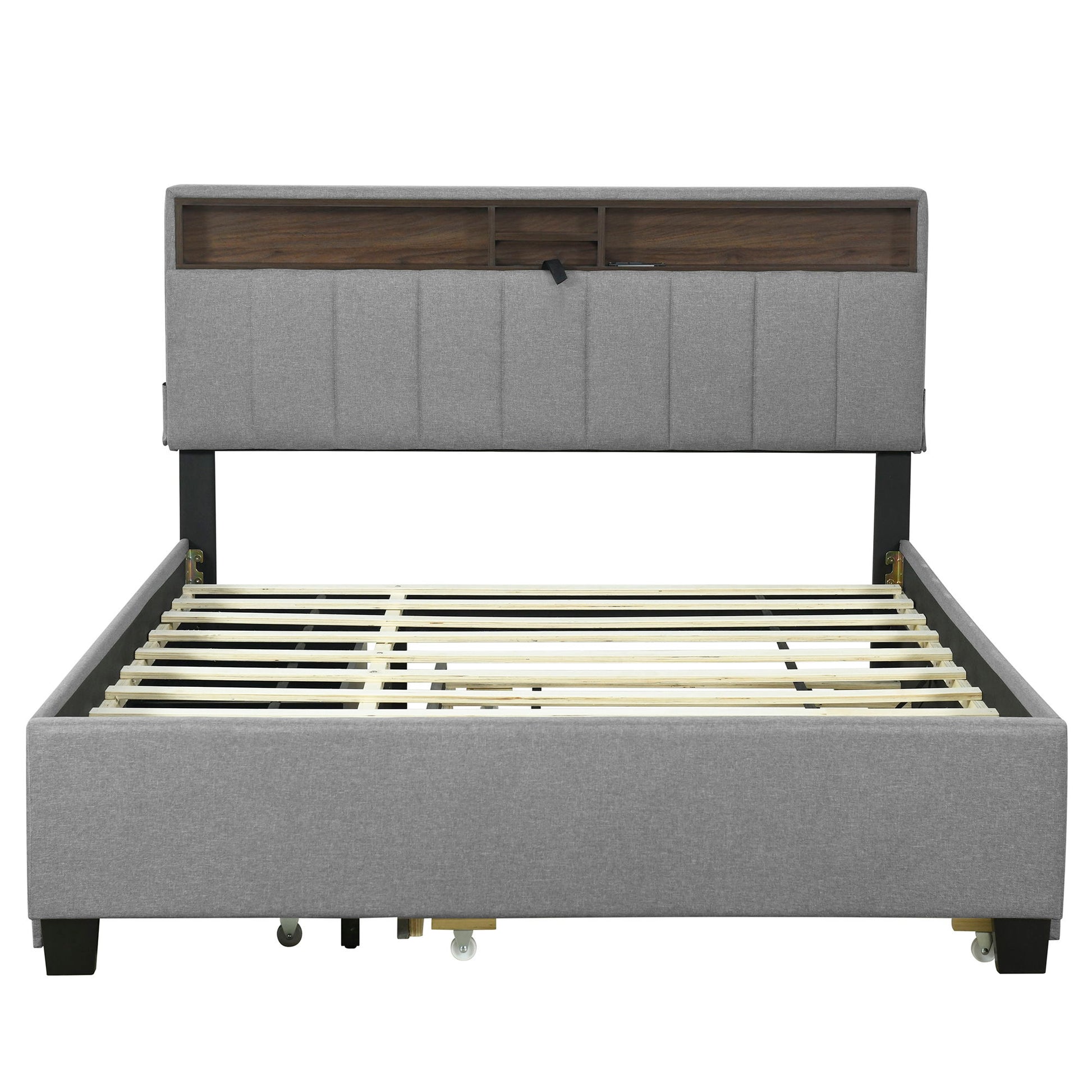 Upholstered Platform Bed With Storage Headboard, Trundle & 2 Drawers And A Set Of Sockets & USB Ports - The Sleep Loft - Online Mattress Showroom NYC