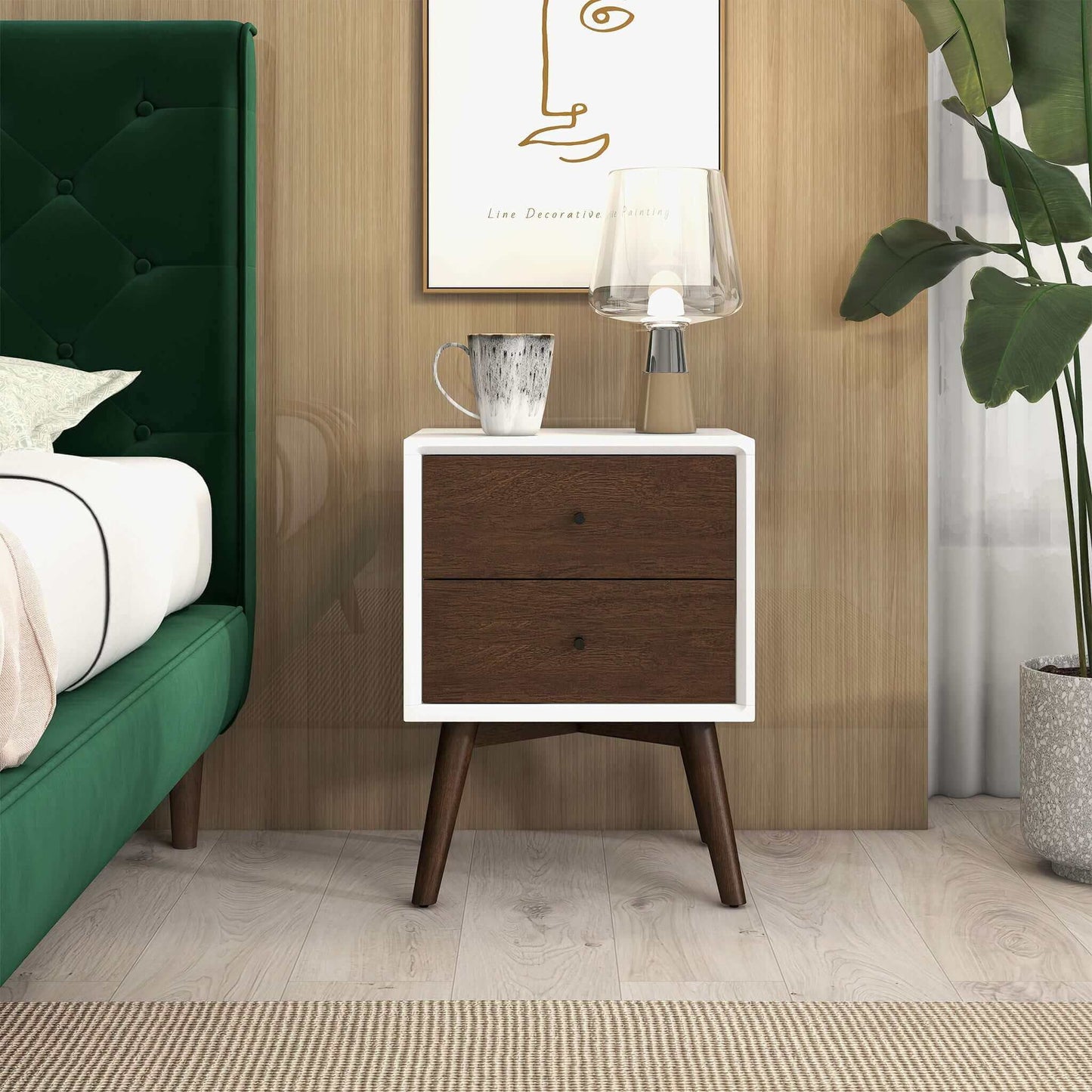 Caroline - Mid-Century Modern Style White Night Stand 2 Drawer - The Sleep Loft - Online Mattress Showroom NYC