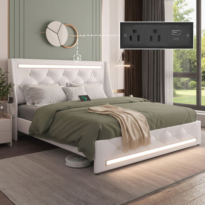 Wingback Upholstered Bed Frame With LED Lights, Charging Station - The Sleep Loft - Online Mattress Showroom NYC