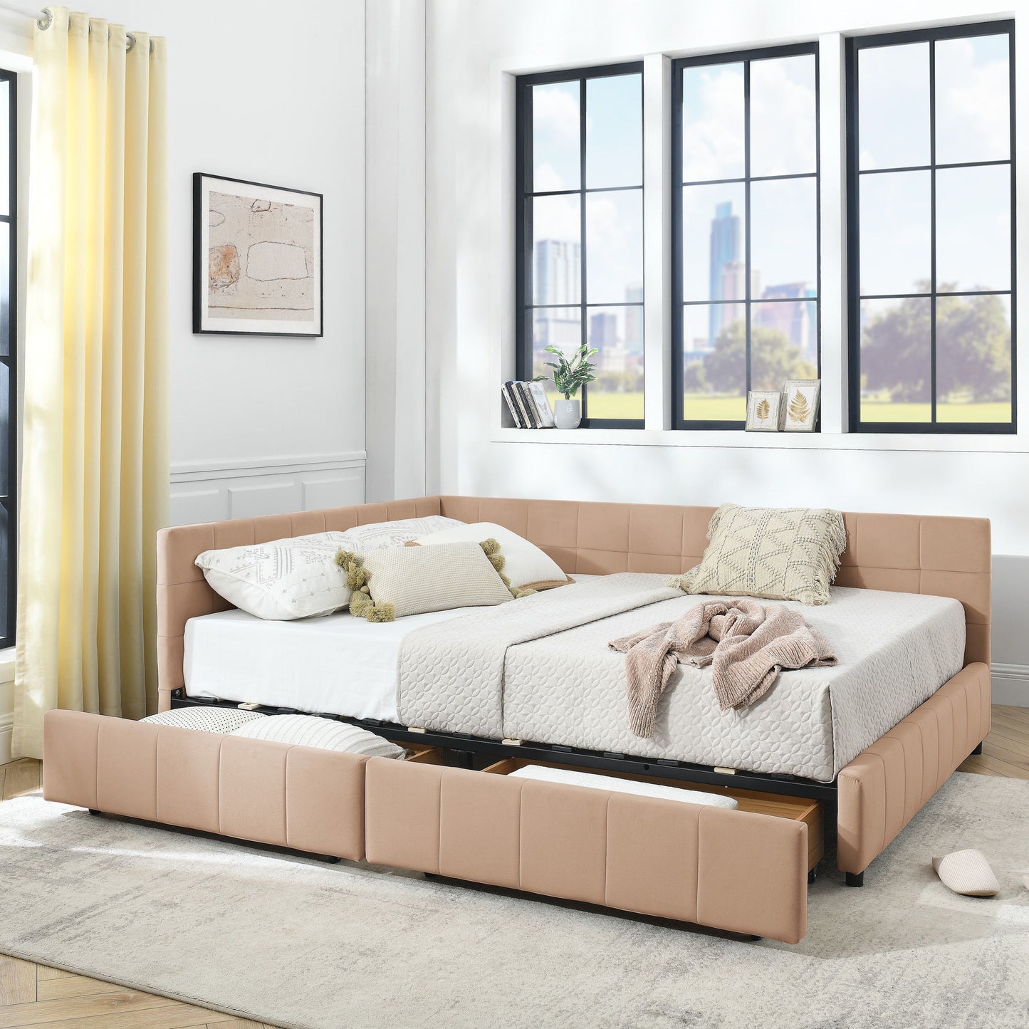 Mid-Century Storage Upholstered Tufted Bed Frame With Backrest And Armrests - The Sleep Loft - Online Mattress Showroom NYC