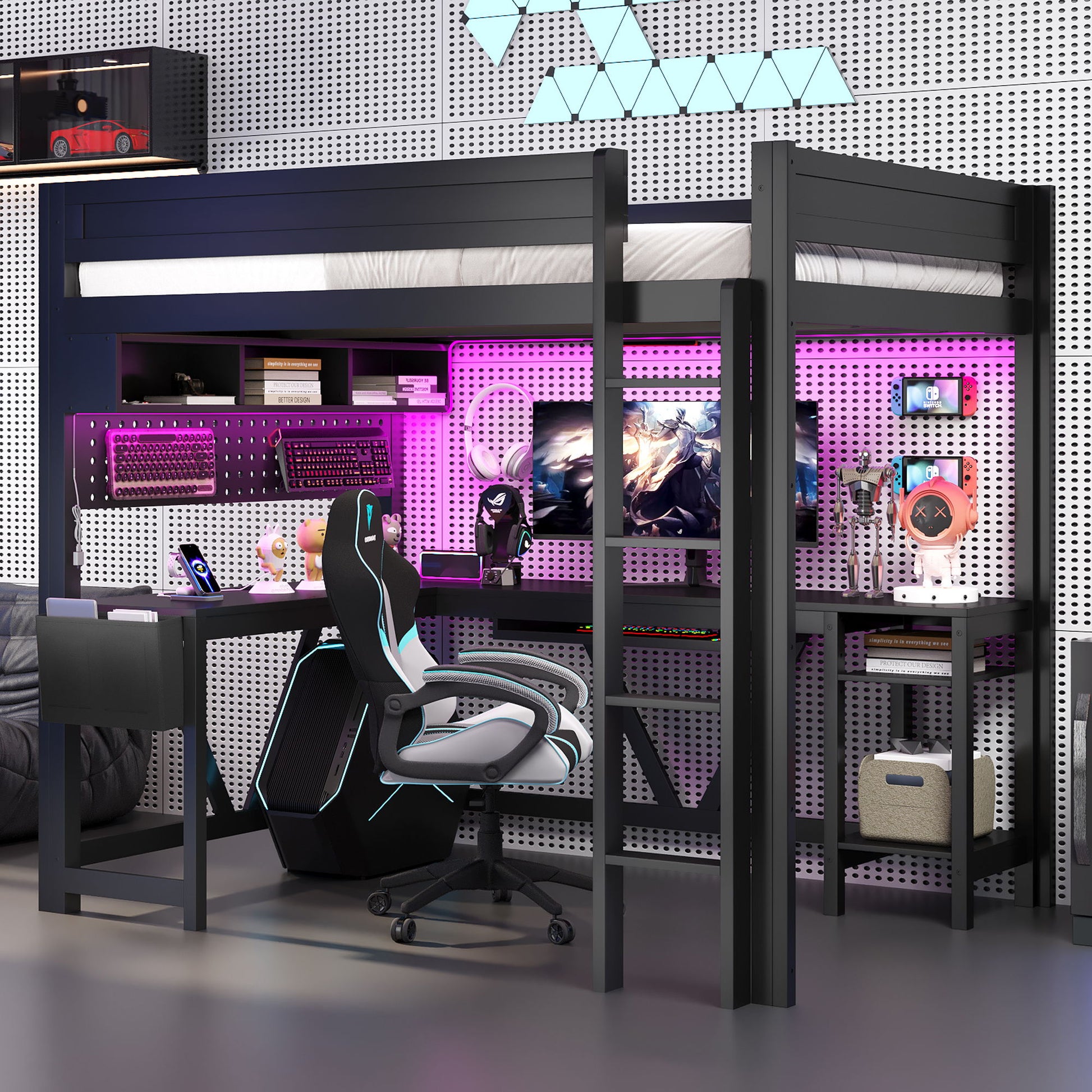 Gaming Loft Bed With Desk, Storage Shelves, LED And Charging Station - The Sleep Loft - Online Mattress Showroom NYC