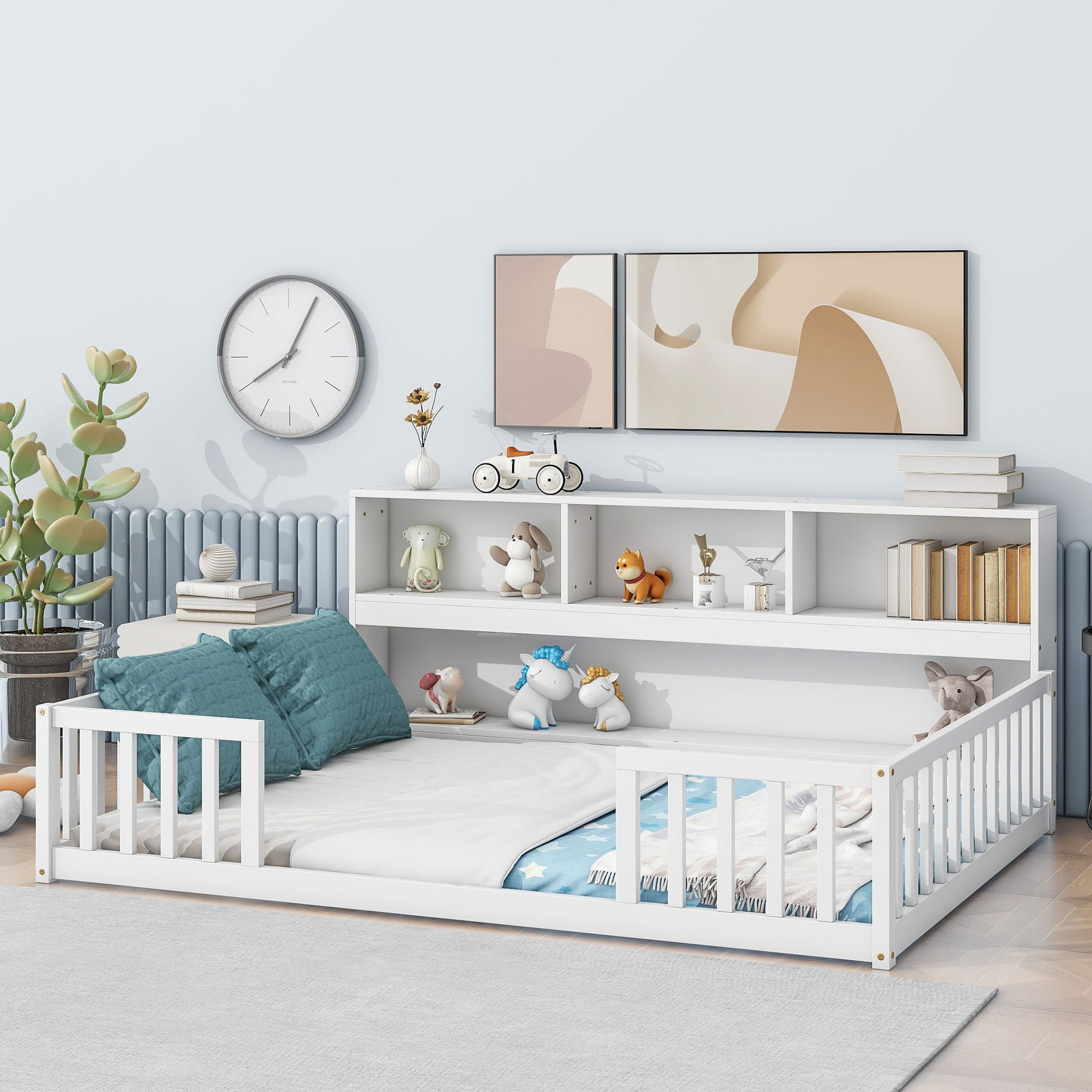 Floor Bed With Side Bookcase, Shelves, Guardrails - The Sleep Loft - Online Mattress Showroom NYC