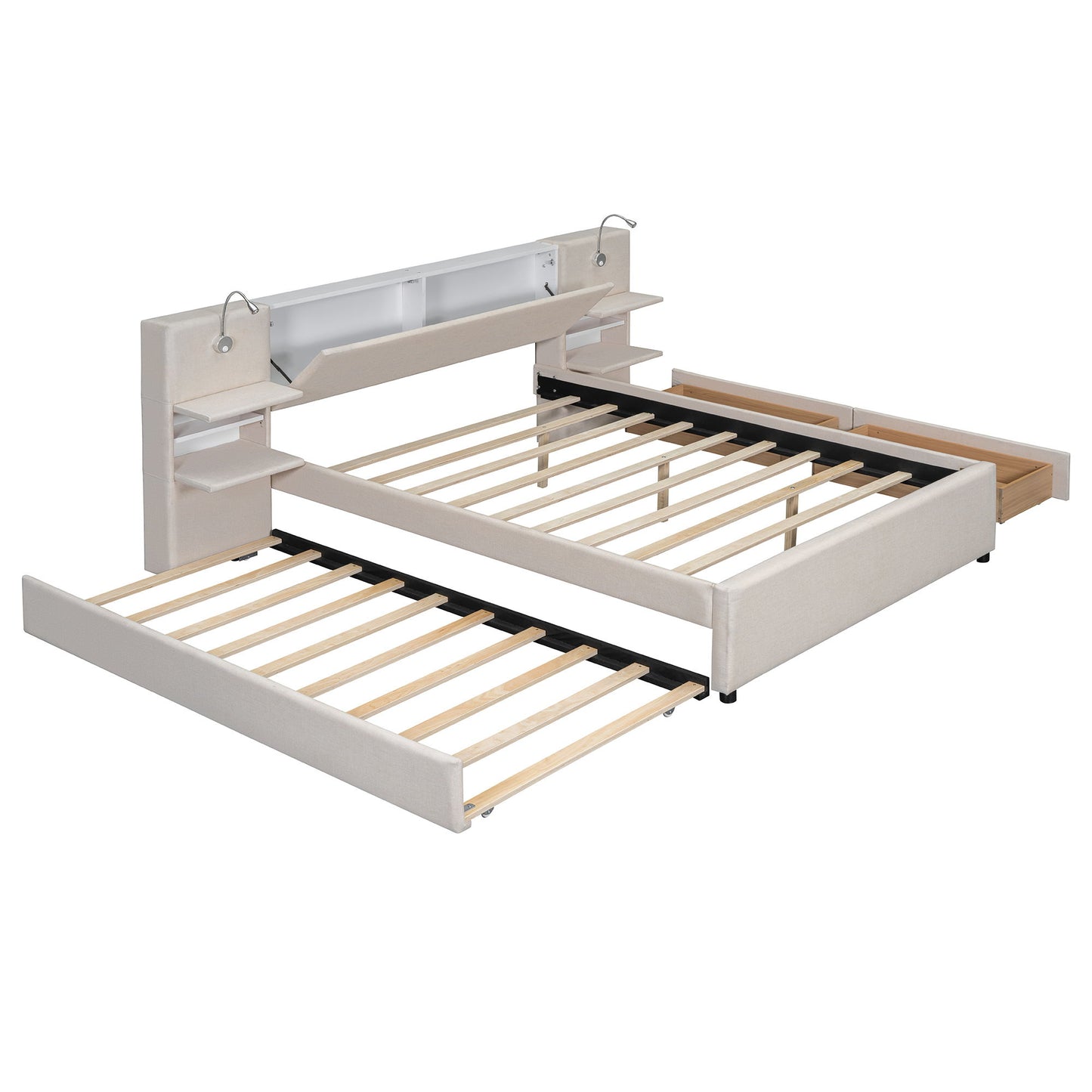 Upholstered Platform Bed With Reading Lights, Drawers, Trundle And Shelves - The Sleep Loft - Online Mattress Showroom NYC