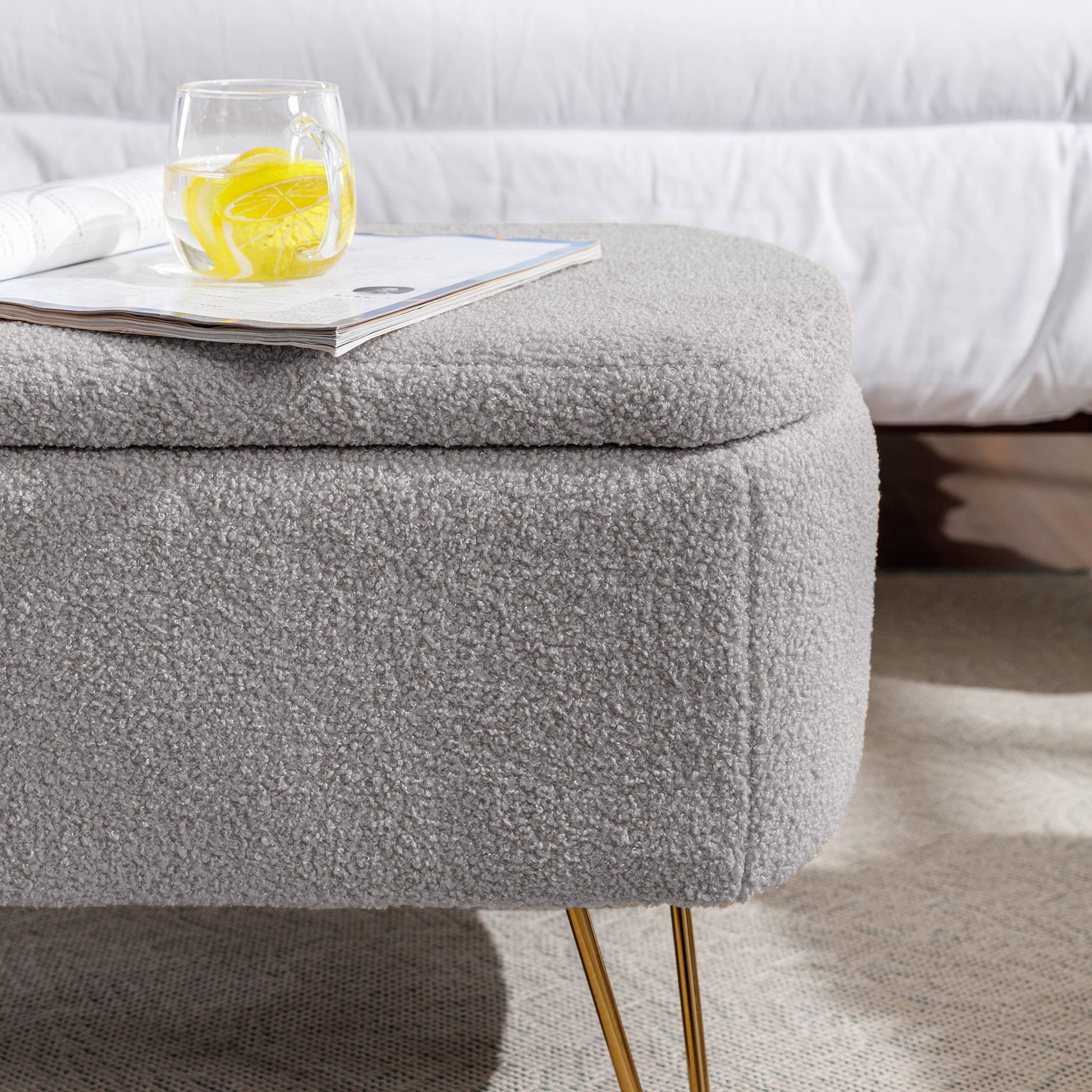 Storage Ottoman Bench For End Of Bed Legs, Modern Camel Faux Fur Entryway Bench Upholstered Padded With Storage For Living Room Bedroom - The Sleep Loft - Online Mattress Showroom NYC