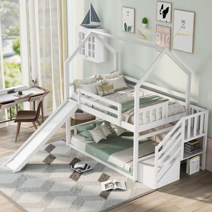 Twin Over Twin House Bunk Bed With Convertible Slide, Storage Staircase - The Sleep Loft - Online Mattress Showroom NYC