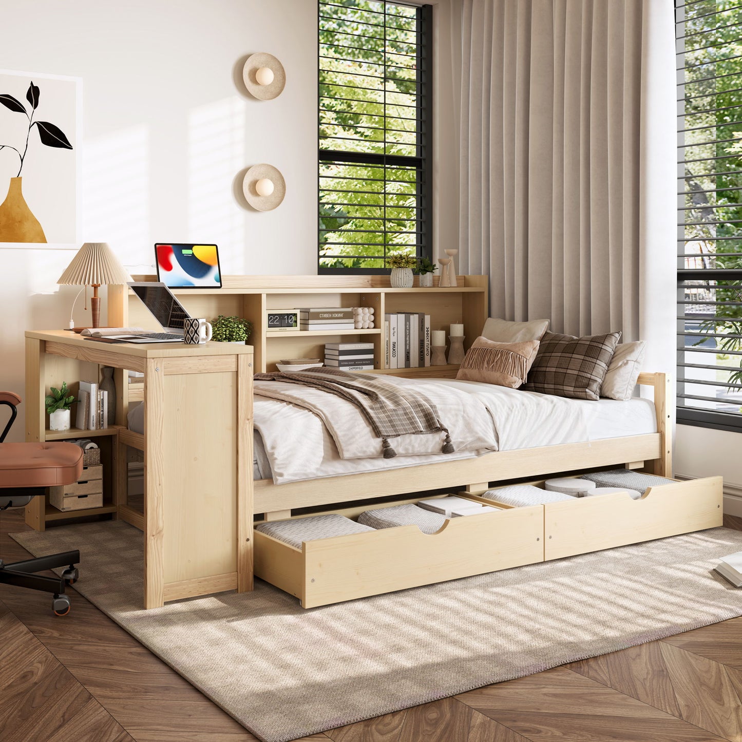 Corner Daybed With Storage Drawers, Desk, Charging Port & Bookcase - The Sleep Loft - Online Mattress Showroom NYC