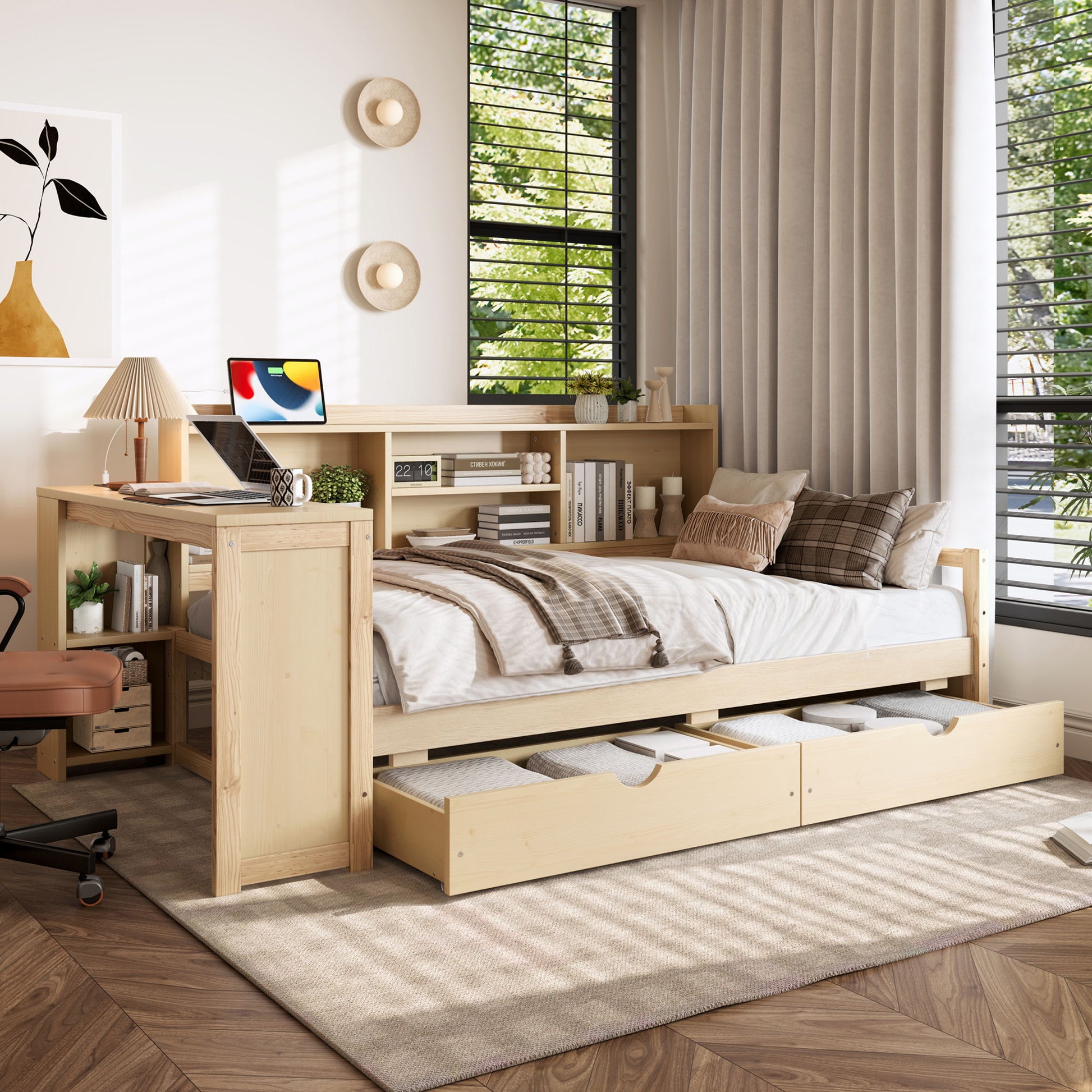 Corner Daybed With Storage Drawers, Desk, Charging Port & Bookcase - The Sleep Loft - Online Mattress Showroom NYC