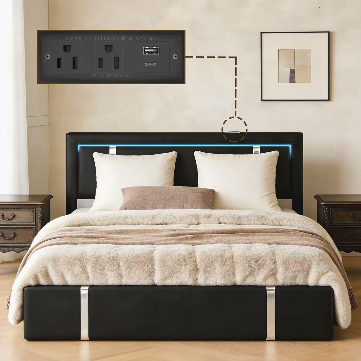 Upholstered Platform Bed Frame With Adjustable LED Headboard, USB C-Charging, Hydraulic Lift - The Sleep Loft - Online Mattress Showroom NYC