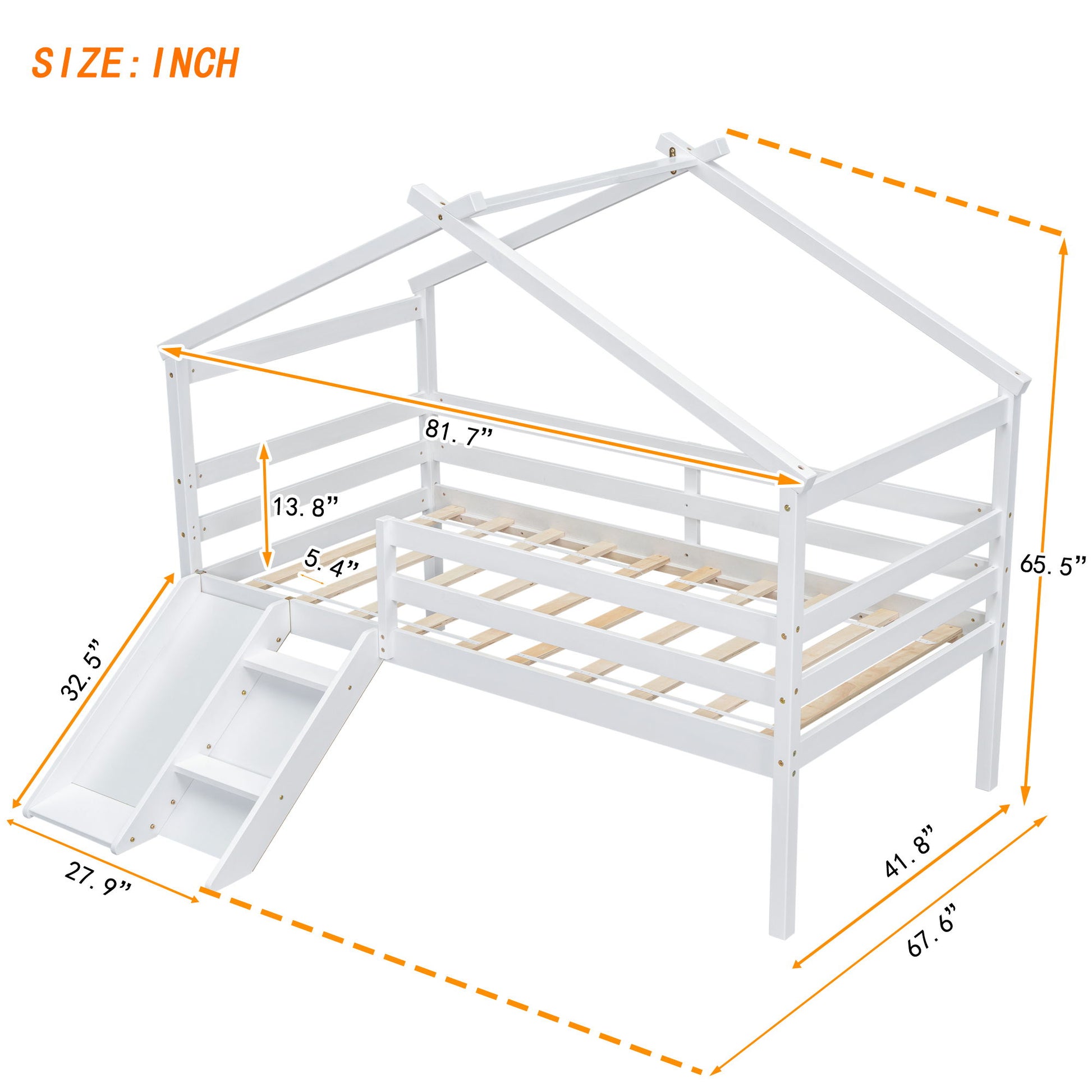 Low Loft House Bed With Slide, Ladder, Safety Guardrails, House Roof Frame - The Sleep Loft - Online Mattress Showroom NYC
