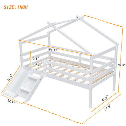 Low Loft House Bed With Slide, Ladder, Safety Guardrails, House Roof Frame - The Sleep Loft - Online Mattress Showroom NYC