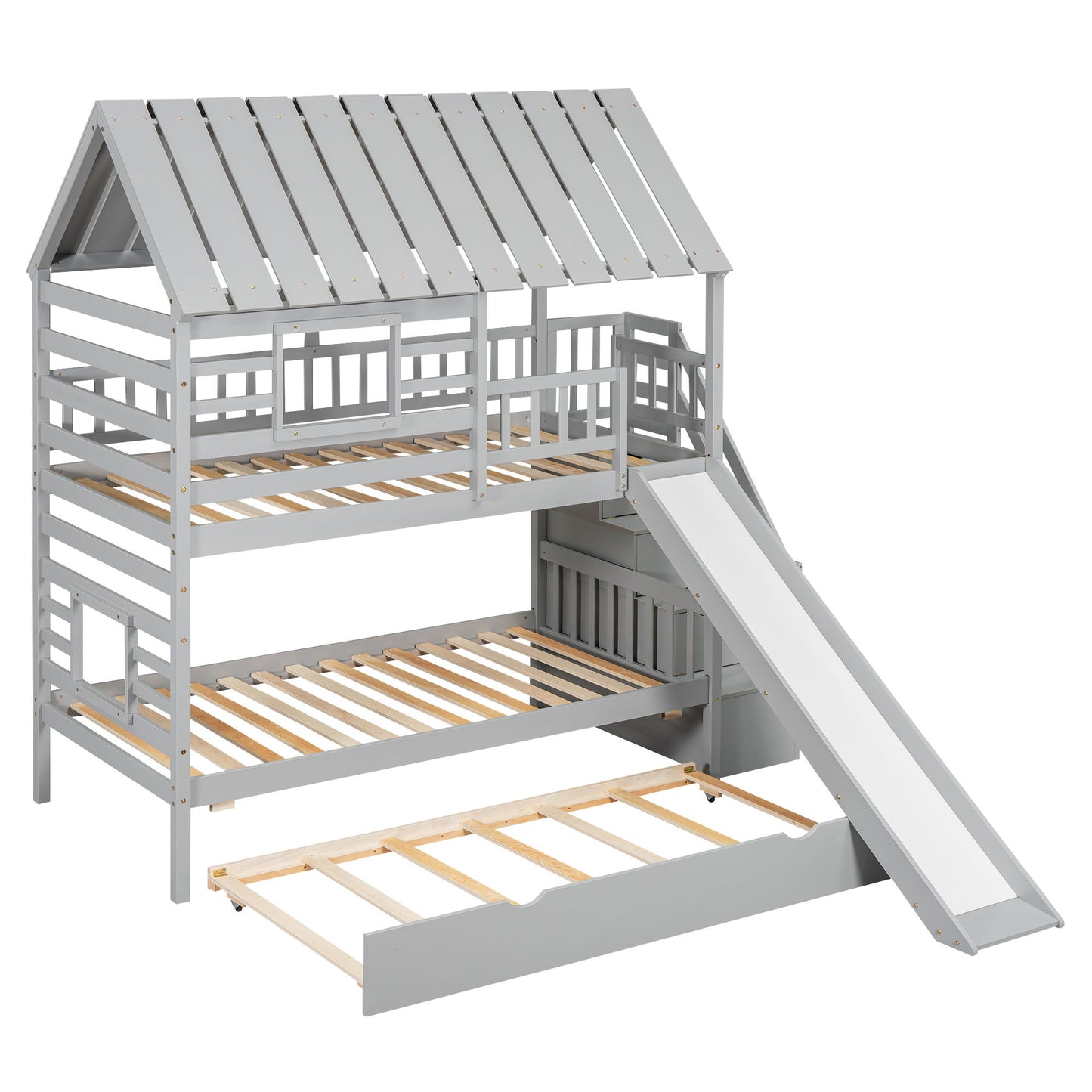 House Bunk Bed With Trundle, Storage Staircase, Roof And Window Design - The Sleep Loft - Online Mattress Showroom NYC