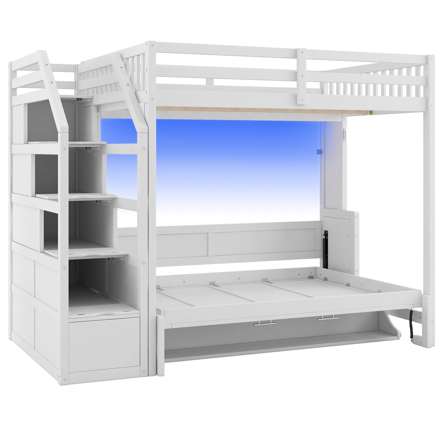 Full Long Loft Bed With Storage Staircase, Murphy Bed, LED Light - White - The Sleep Loft - Online Mattress Showroom NYC