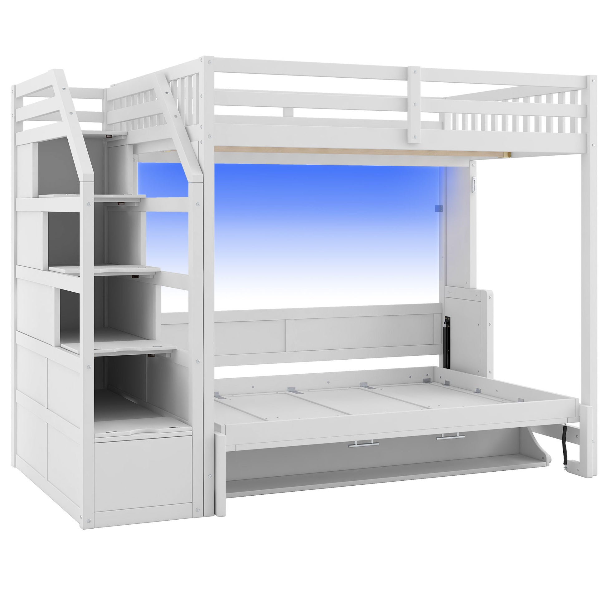 Full Long Loft Bed With Storage Staircase, Murphy Bed, LED Light - White - The Sleep Loft - Online Mattress Showroom NYC