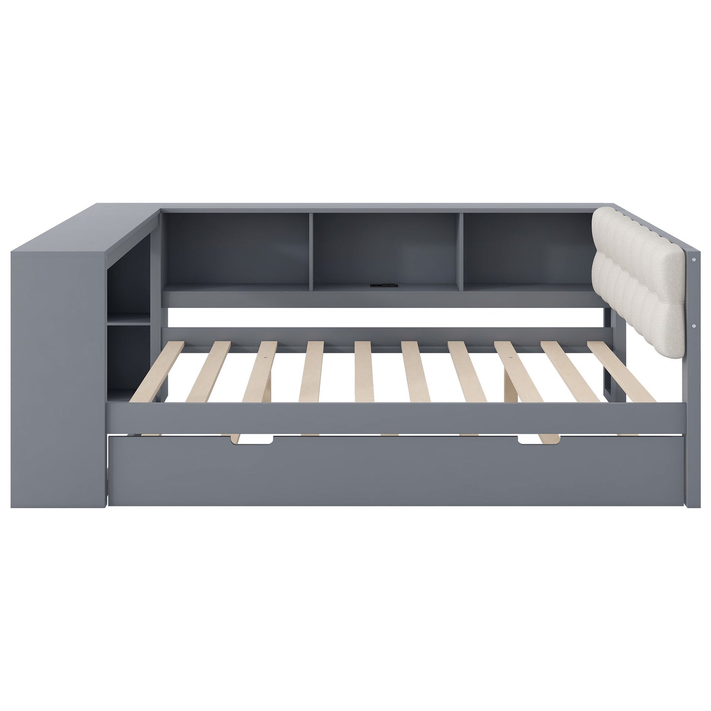 Upholstered Headboard Platform Bed With Storage Shelves, Trundle, Charging Station - The Sleep Loft - Online Mattress Showroom NYC