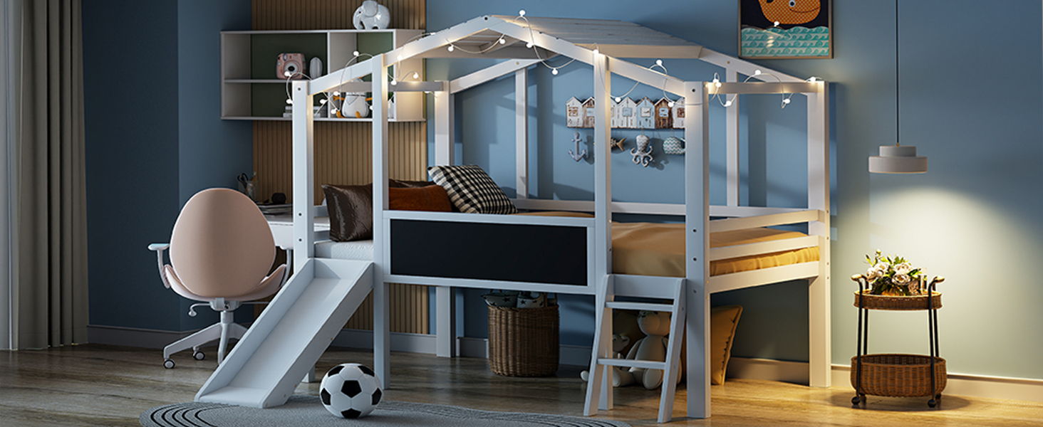 Loft House Bed With Ladder And Slide, With board And Light Strip On The Roof - The Sleep Loft - Online Mattress Showroom NYC