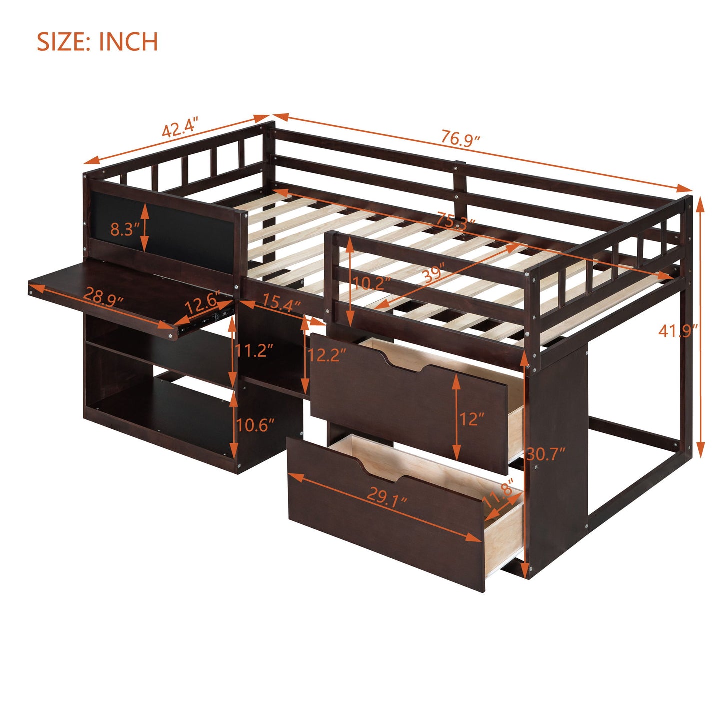 Low Loft Bed With Rolling Desk, Shelf And Drawers - The Sleep Loft - Online Mattress Showroom NYC