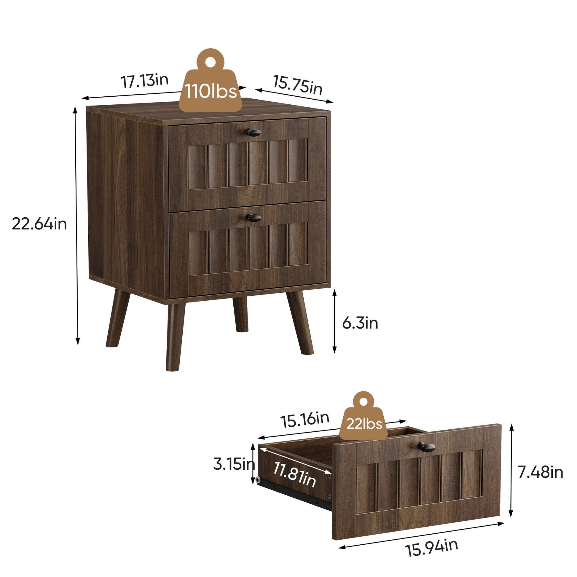 Double Drawer Bedside Table (Set of 2) - Walnut - The Sleep Loft - Online Mattress Showroom NYC