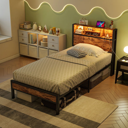 Modern Twin Size Metal Platform Bed Frame With Storage Headboard And Charging Station - Brown - The Sleep Loft - Online Mattress Showroom NYC