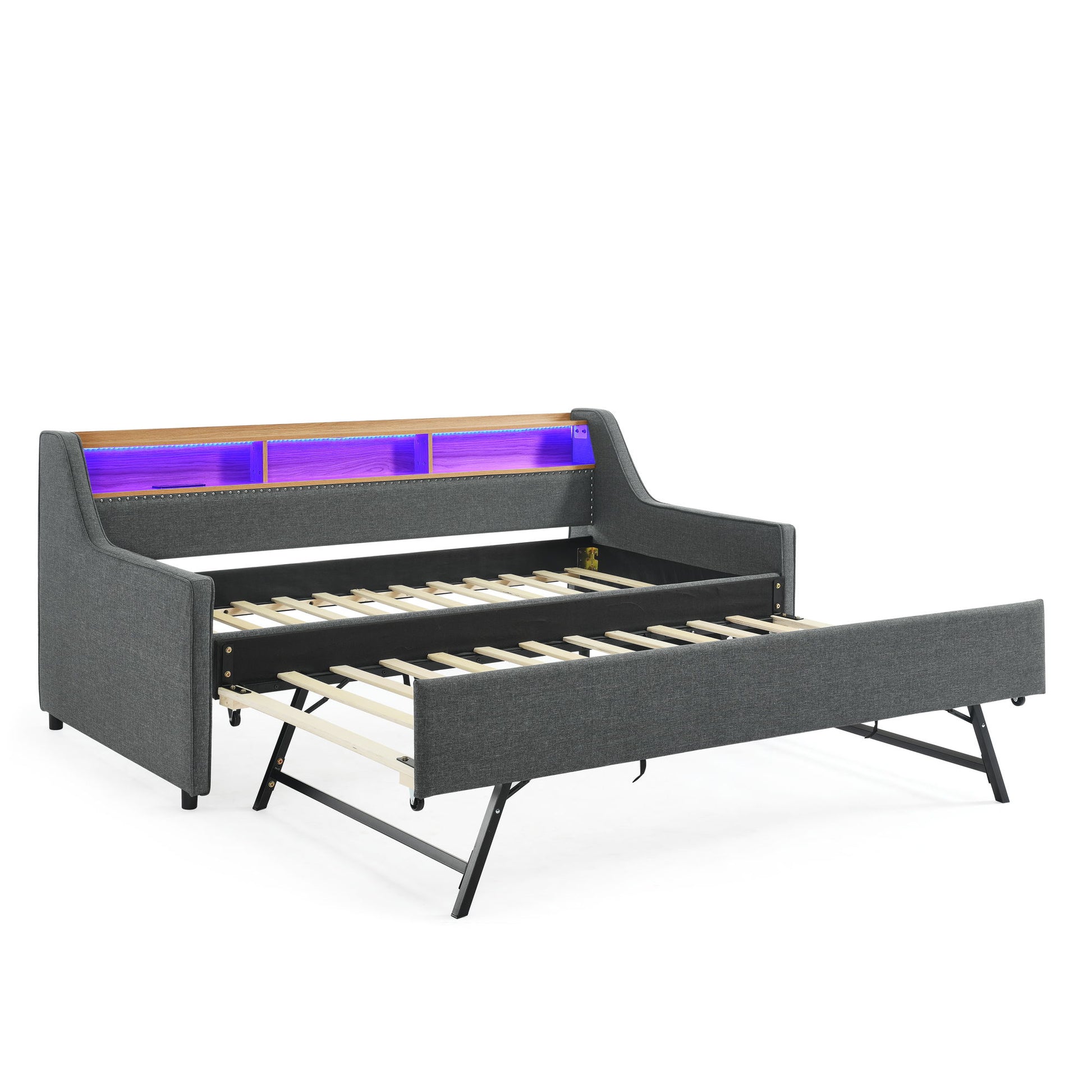 Upholstered Sofa Bed With LED Lights, Storage Headboard, Foldable Trundle & Wireless Charging - The Sleep Loft - Online Mattress Showroom NYC