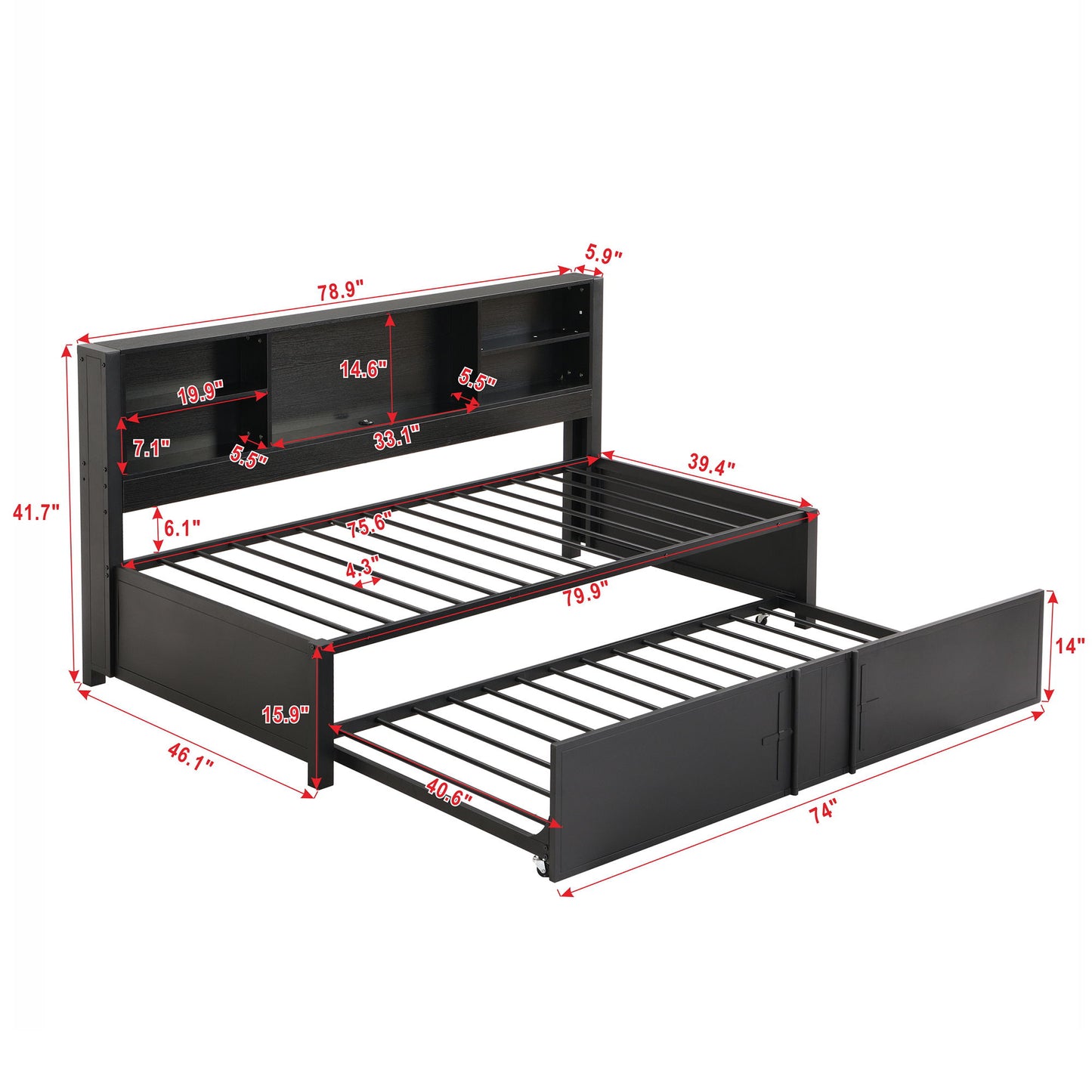 Industrial Metal Daybed With Trundle, Storage Shelves, USB Ports - The Sleep Loft - Online Mattress Showroom NYC
