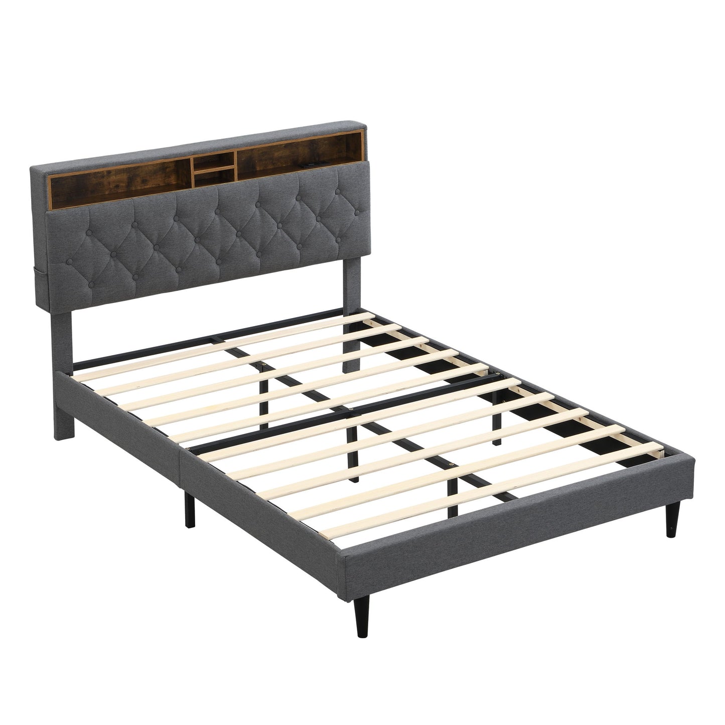 Modern Upholstered Platform Bed Frame With Button Tufted Headboard And USB Ports - The Sleep Loft - Online Mattress Showroom NYC