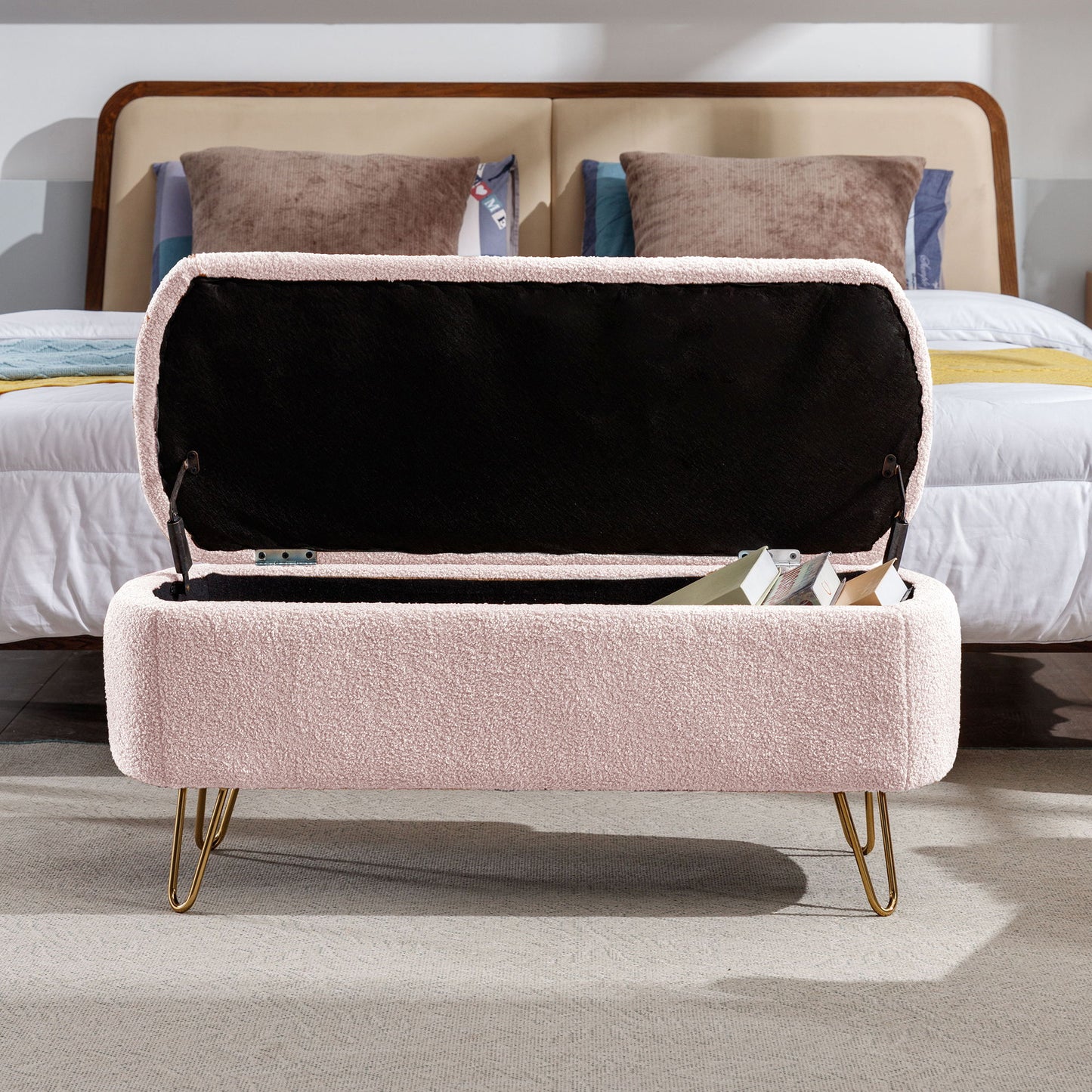 Storage Ottoman Bench For End Of Bed Legs, Modern Camel Faux Fur Entryway Bench Upholstered Padded With Storage For Living Room Bedroom - The Sleep Loft - Online Mattress Showroom NYC