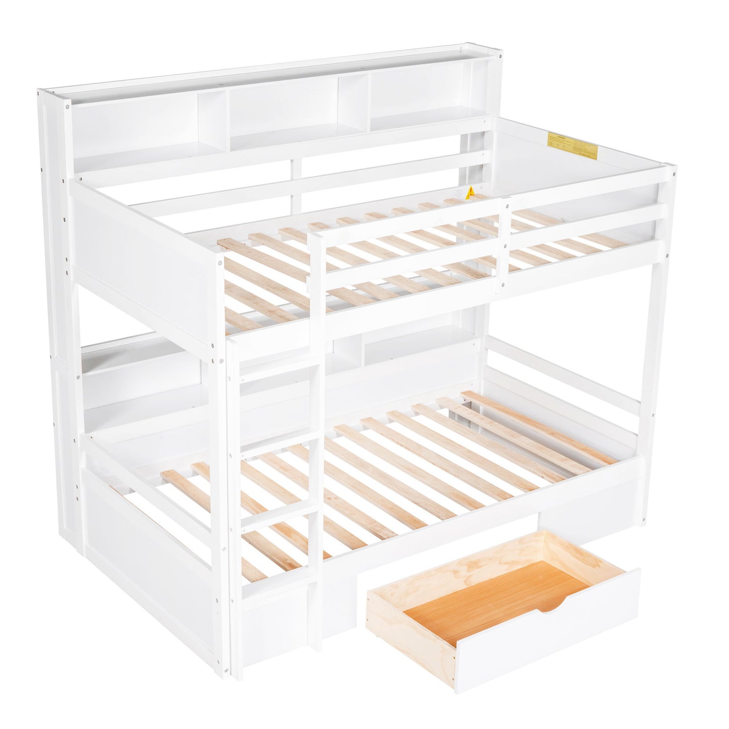 Twin Size Bunk Bed With Built-In Shelves Beside Both Upper And Down Bed And Storage Drawer - The Sleep Loft - Online Mattress Showroom NYC