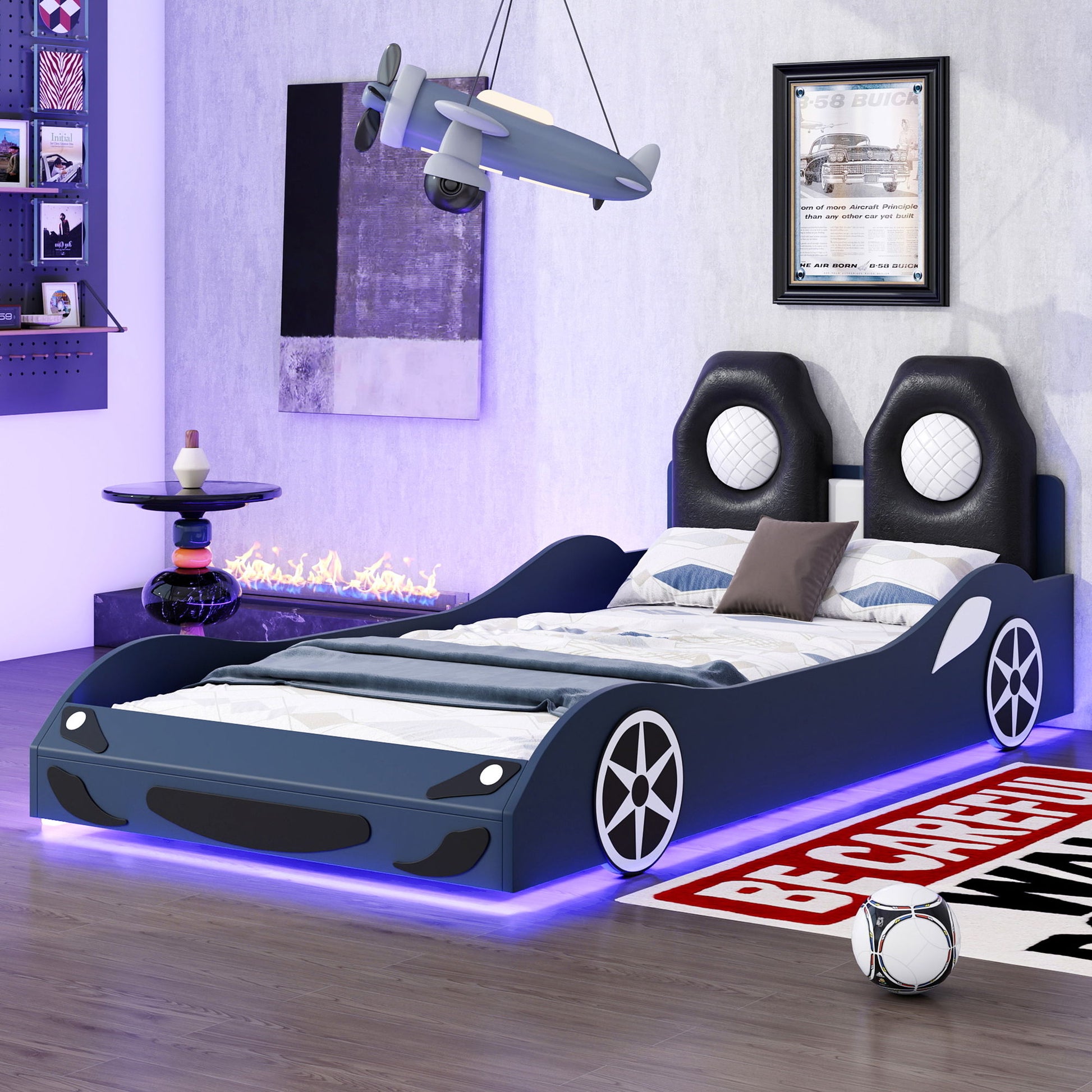 Race Car Shaped Platform Bed With LED And Upholstered Backrest In - The Sleep Loft - Online Mattress Showroom NYC