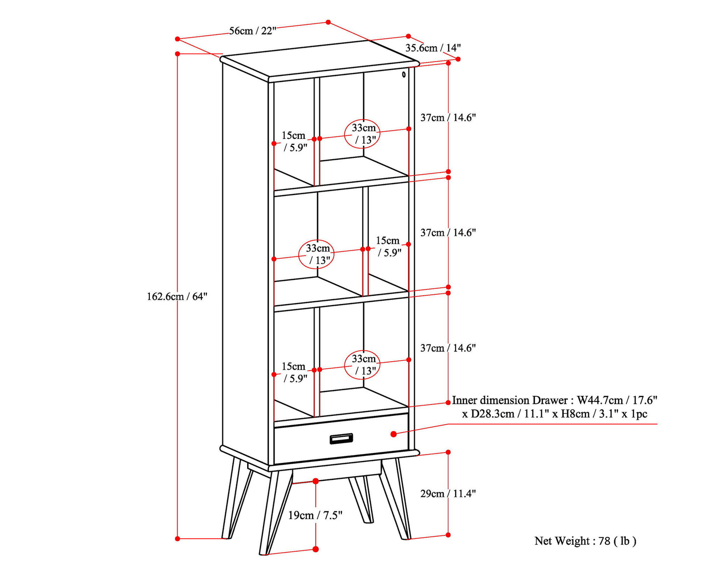 Draper - Mid Century Wide Bookcase And Storage Unit - The Sleep Loft - Online Mattress Showroom NYC