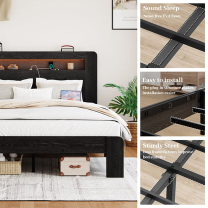 Wood Platform Bed Frame With Storage LED Light Headboard & USB - The Sleep Loft - Online Mattress Showroom NYC