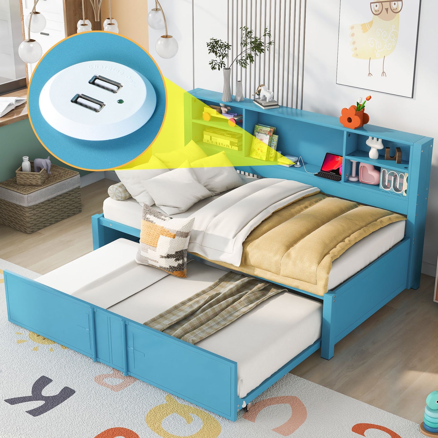 Industrial Metal Daybed With Trundle, Storage Shelves, USB Ports - The Sleep Loft - Online Mattress Showroom NYC