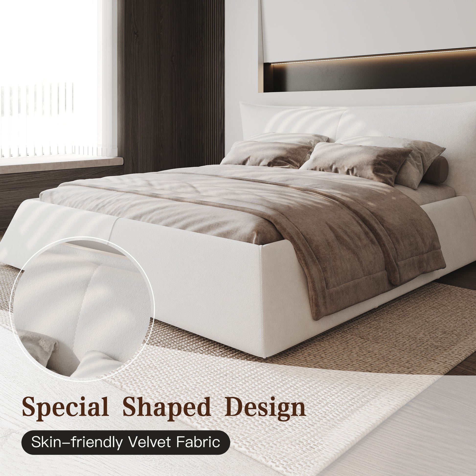 King Size Platform Bed With Special-Shaped Headboard - Cream - The Sleep Loft - Online Mattress Showroom NYC