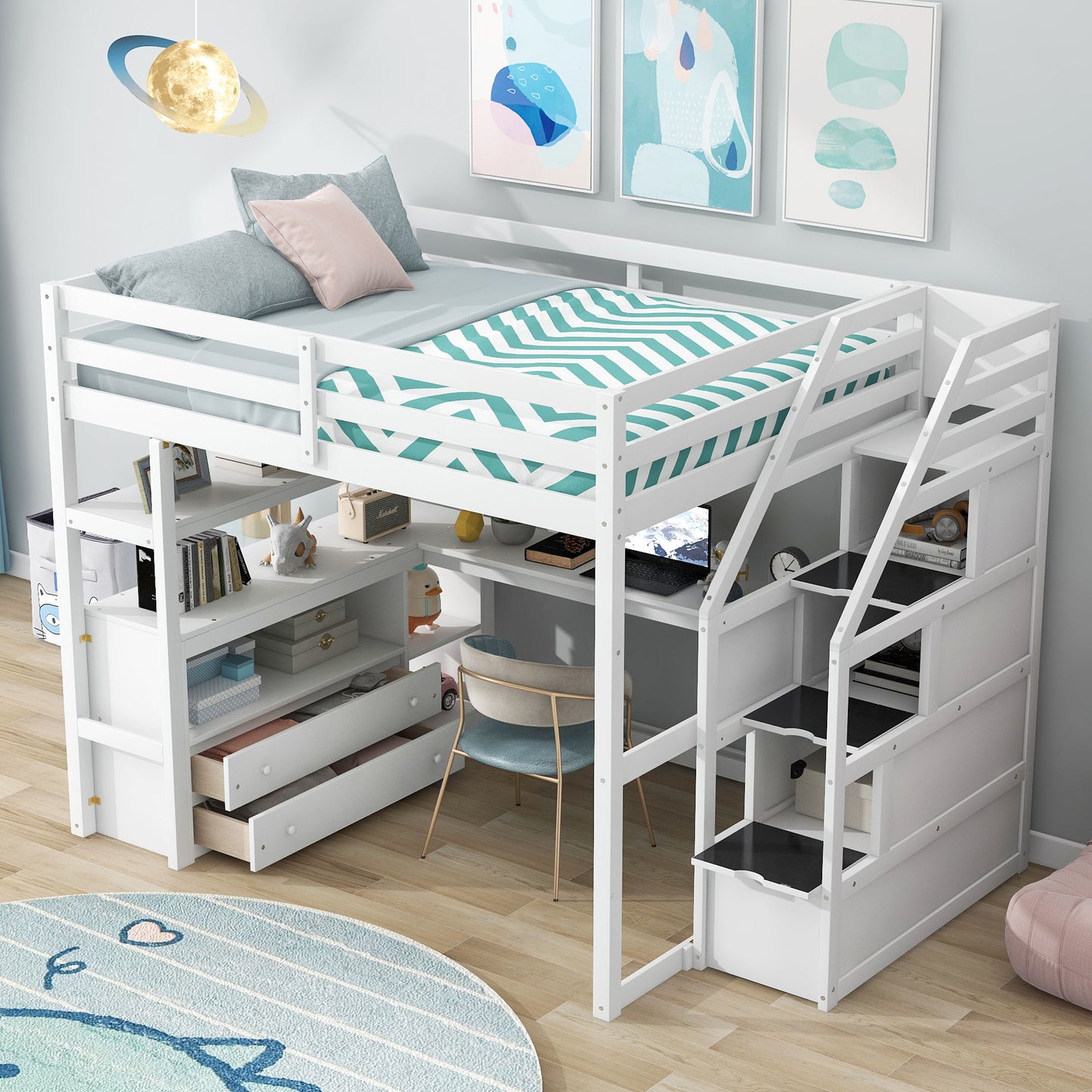 Loft Bed With Desk, Shelves, 2 Drawers, Storage Staircase - The Sleep Loft - Online Mattress Showroom NYC