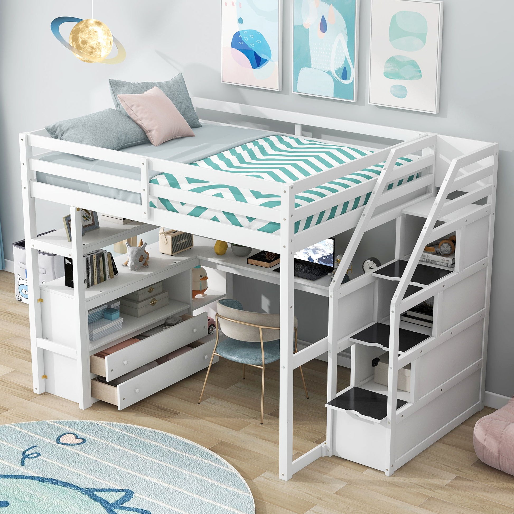 Loft Bed With Desk, Shelves, 2 Drawers, Storage Staircase - The Sleep Loft - Online Mattress Showroom NYC