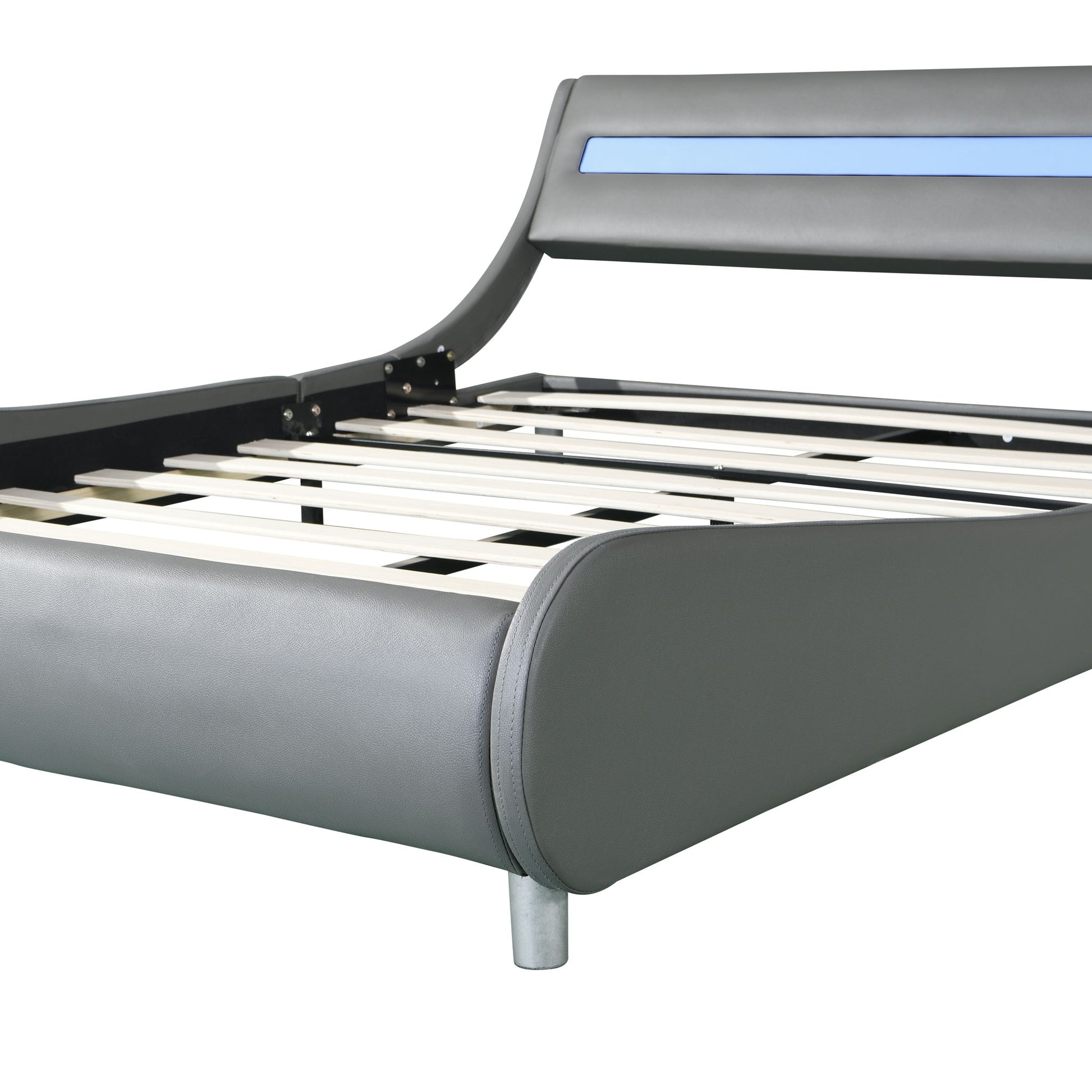 Queen Size Upholstered Platform Bed Frame With LED Lighting, Curve Design, Wood Slat Support, No Box Spring Needed - Gray - The Sleep Loft - Online Mattress Showroom NYC